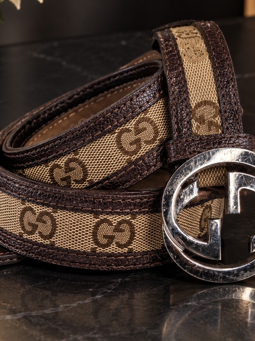 Gucci Tan and Brown GG Canvas Belt with Silver Interlocking G Buckle
